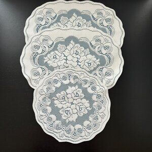 Lot of 3 Vintage Doily Lace Placemats White With Blue Backing Floral Design